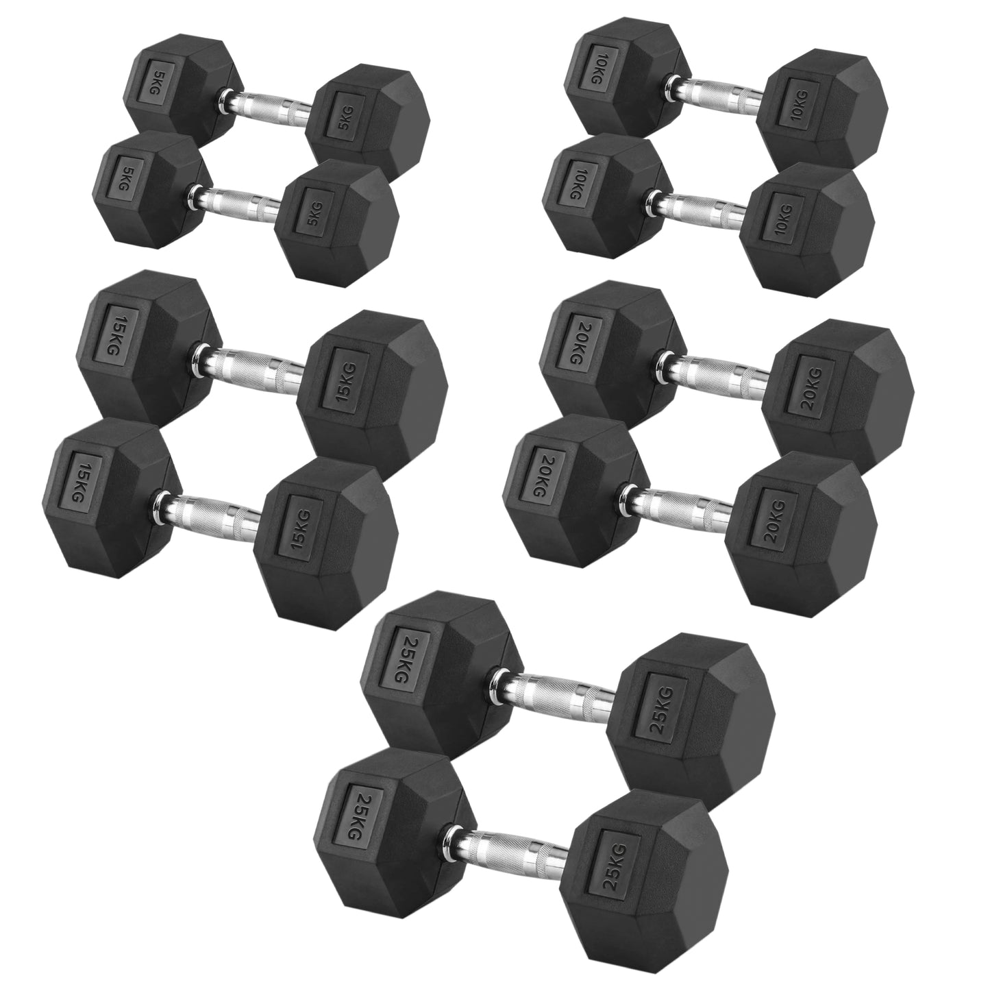 Space-Saving 5-Pair Rubber Hex Dumbbell Set 2.5kg–25kg with Optional 5 Tier Rack – Durable Cast Iron Weights with Anti-Roll Heads for Home & Studio Gyms