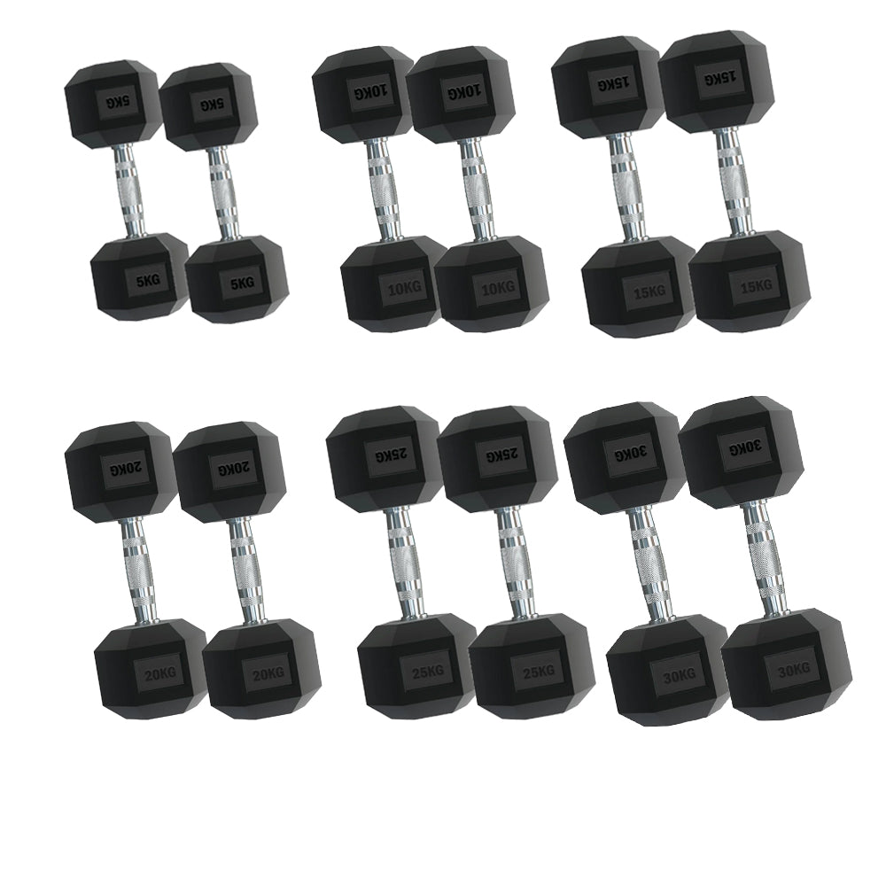Hex Dumbbell Set 6 Pairs 2.5kg–30kg with Optional Tier 6 Vertical Rack – Rubber-Coated Anti-Roll Weights with Chrome Handles for Compact Home Gym Strength Training
