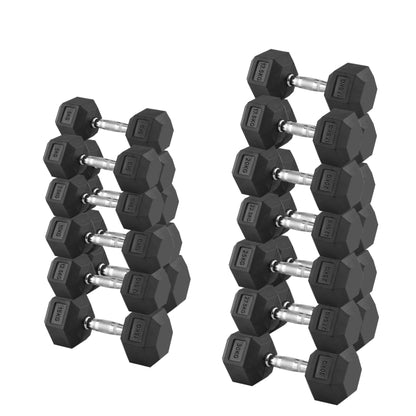 Premium Rubber-Coated Hex Dumbbells 2.5kg–30kg with Optional 3-Tier Rack – 11 Anti-Roll Pairs, Chrome Knurled Handles for Home Gym & Studio Training