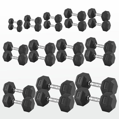Hex Dumbbells 2.5kg–60kg Pairs & Sets – Rubber-Coated Anti-Roll Weights with Knurled Steel Grip – Strength Training Dumbbell Set for Home Gym or Studio
