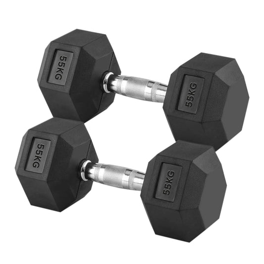 Heavy Duty 55kg Hex Dumbbells Set – Pair of Fixed Rubber-Coated Weights with Textured Chrome Handles – 2 x 55kg Dumbbells for Advanced Home Gym & Strength Training