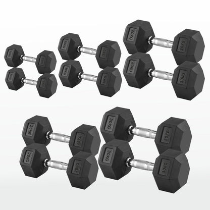 Hex Dumbbells 2.5kg–60kg Pairs & Sets – Rubber-Coated Anti-Roll Weights with Knurled Steel Grip – Strength Training Dumbbell Set for Home Gym or Studio