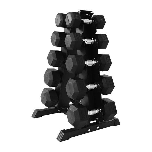 Space-Saving 5-Pair Rubber Hex Dumbbell Set 2.5kg–25kg with Optional 5 Tier Rack – Durable Cast Iron Weights with Anti-Roll Heads for Home & Studio Gyms