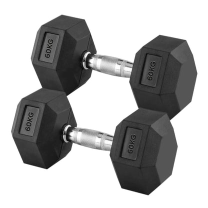 Hex Dumbbells 2.5kg–60kg Pairs & Sets – Rubber-Coated Anti-Roll Weights with Knurled Steel Grip – Strength Training Dumbbell Set for Home Gym or Studio