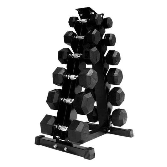 Hex Dumbbell Set 6 Pairs 2.5kg–15kg with Optional Tier 6 Vertical Rack – Rubber-Coated Anti-Roll Weights with Chrome Handles for Compact Home Gym Strength Training
