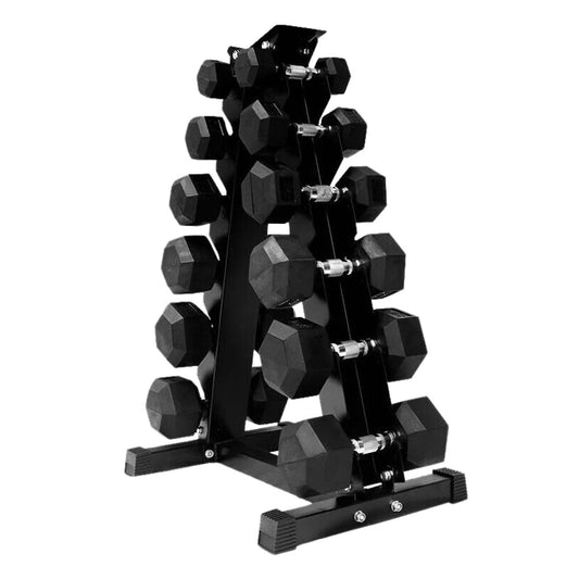 Hex Dumbbell Set 6 Pairs 2.5kg–15kg with Optional Tier 6 Vertical Rack – Rubber-Coated Anti-Roll Weights with Chrome Handles for Compact Home Gym Strength Training