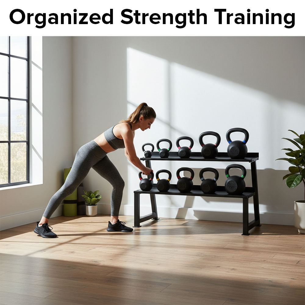 Heavy-Duty 2-Tier Kettlebell Storage Rack – Steel Weight Organizer for Kettlebells