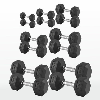 Hex Dumbbells 2.5kg–60kg Pairs & Sets – Rubber-Coated Anti-Roll Weights with Knurled Steel Grip – Strength Training Dumbbell Set for Home Gym or Studio