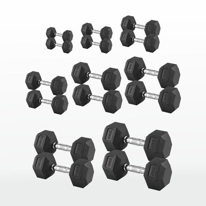 Hex Dumbbells 2.5kg–60kg Pairs & Sets – Rubber-Coated Anti-Roll Weights with Knurled Steel Grip – Strength Training Dumbbell Set for Home Gym or Studio