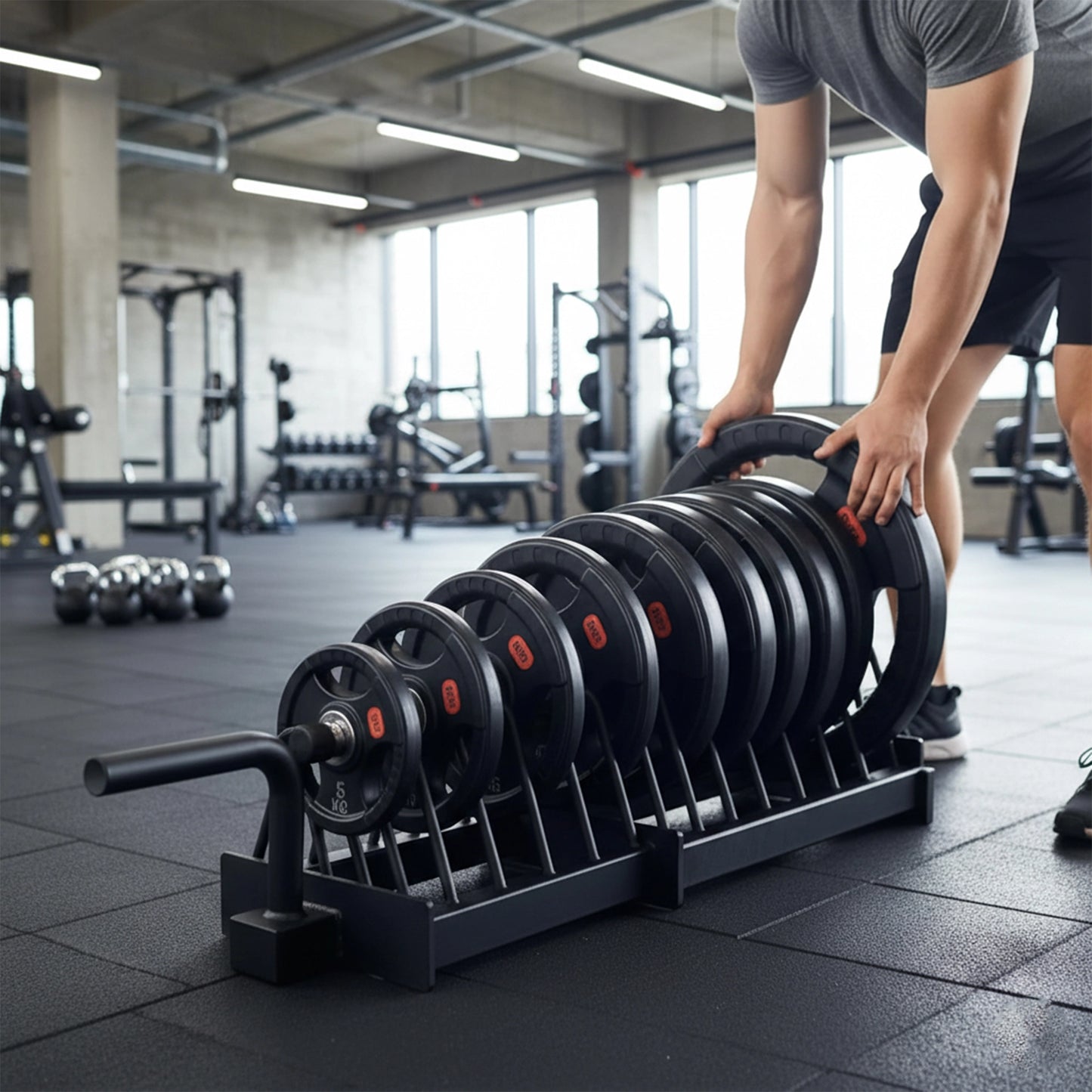Portable Horizontal Weight Plate Rack with Wheels, Heavy-Duty Steel Plate & Barbell Storage Cart