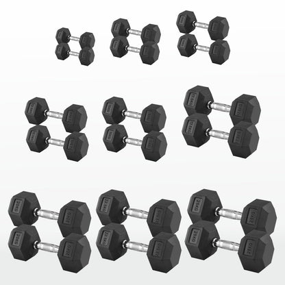 Hex Dumbbells 2.5kg–60kg Pairs & Sets – Rubber-Coated Anti-Roll Weights with Knurled Steel Grip – Strength Training Dumbbell Set for Home Gym or Studio
