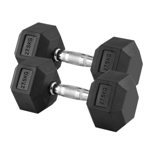 27.5kg Hex Dumbbells – Heavy Rubber Coated Hex Weights with Anti Roll Design & Textured Chrome Handles for Strength Training at Home or Gym