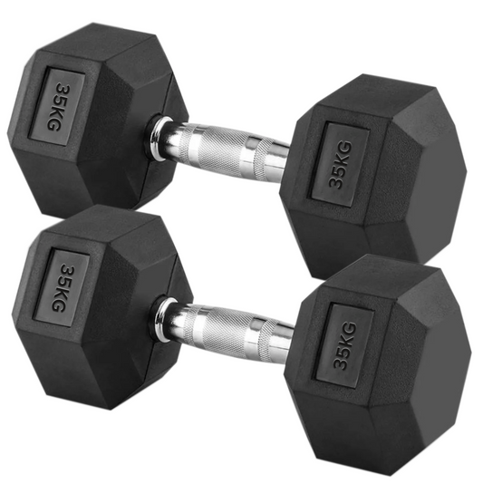 Heavy Duty 35kg Hex Dumbbells with Rubber Coated Hex Heads & Textured Chrome Handles – Durable Cast Iron Weights for Advanced Home Gym Strength Training