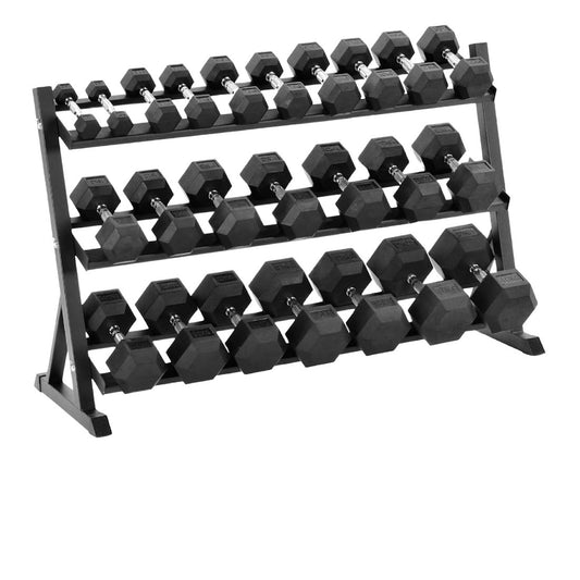 Premium Rubber-Coated Hex Dumbbells 2.5kg–30kg with Optional 3-Tier Rack – 11 Anti-Roll Pairs, Chrome Knurled Handles for Home Gym & Studio Training