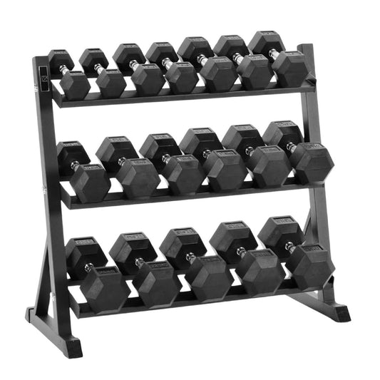 Premium Rubber-Coated Hex Dumbbells 2.5kg–30kg with Optional 3-Tier Rack – 11 Anti-Roll Pairs, Chrome Knurled Handles for Home Gym & Studio Training