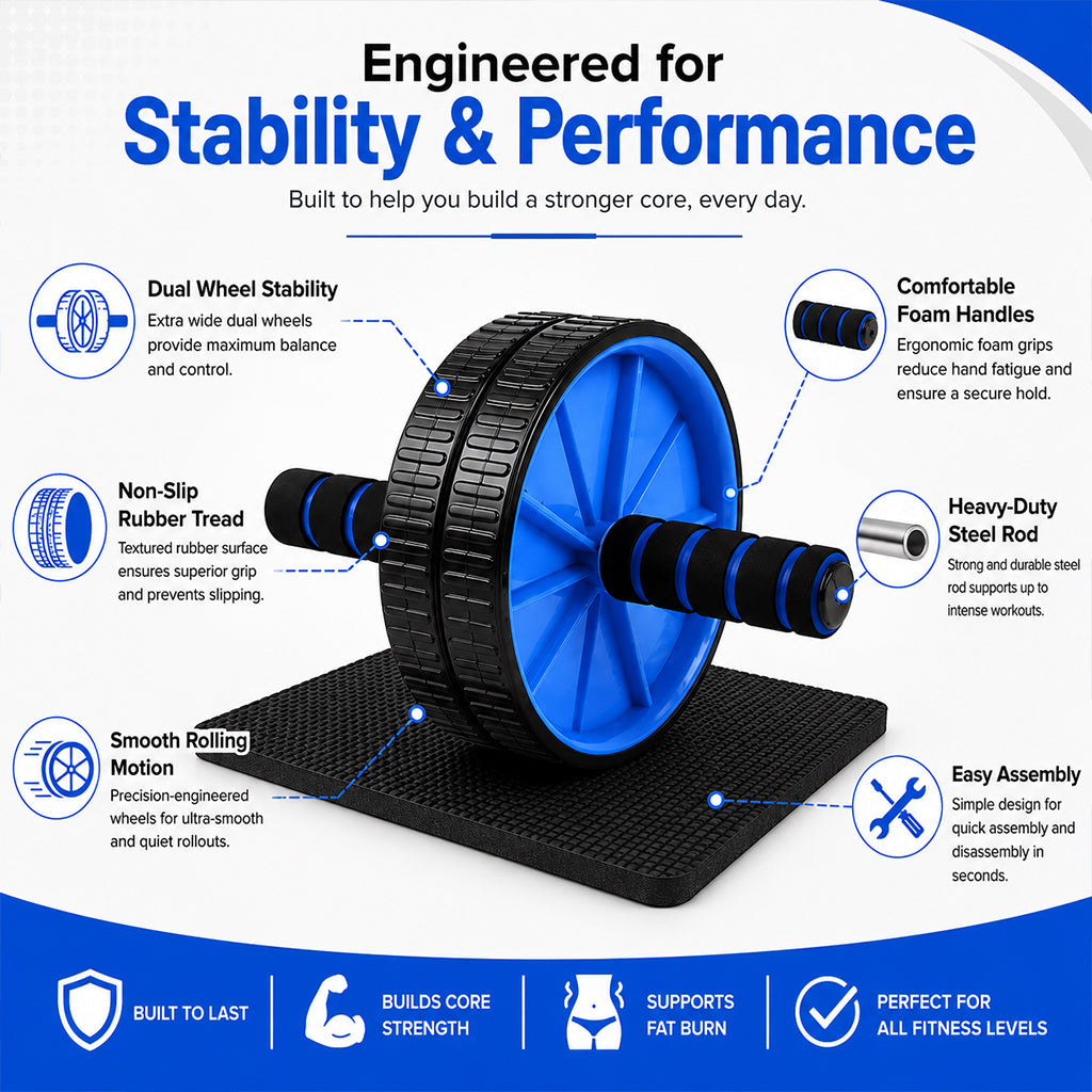 Double Wheel Ab Roller with Ergonomic Foam Handles & Thick Knee Pad for Core Training – Stable, Smooth, and Effective Home Gym Fitness Equipment