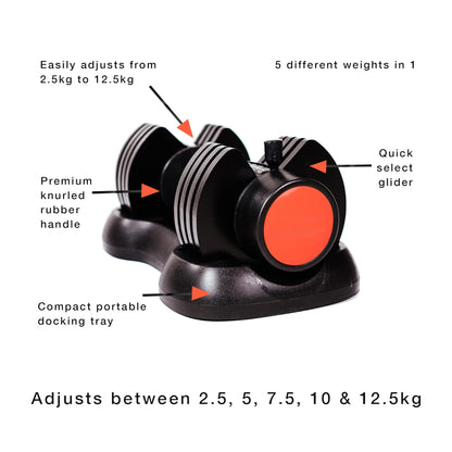 12.5kg Adjustable Dumbbell Pair – 5 Weights in 1 | 2.5kg–12.5kg Range with Safety Lock | Space-Saving Home Strength Equipment