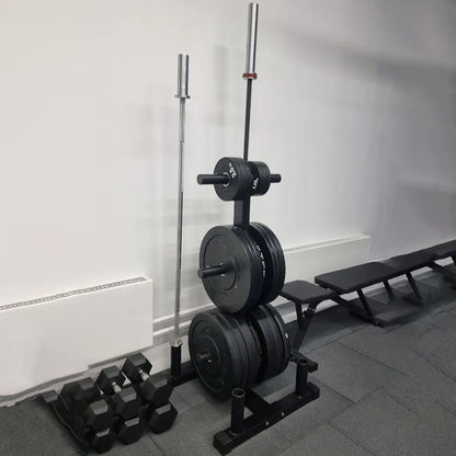 Heavy Duty Olympic Weight Tree & Bar Stand – 3 Tier Plate Rack with Barbell Holders, 200kg Capacity, Black Powder Coated Steel for Compact Home Gym Storage