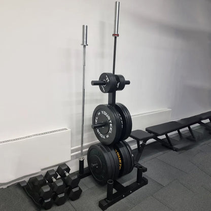 Heavy Duty Olympic Weight Tree & Bar Stand – 3 Tier Plate Rack with Barbell Holders, 200kg Capacity, Black Powder Coated Steel for Compact Home Gym Storage
